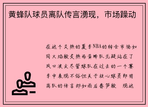 黄蜂队球员离队传言湧现，市场躁动